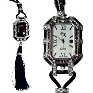 FX by Xavier "Jazz Age" Ruby Red Crystal and Black Enamel Tassel Pendant Watch